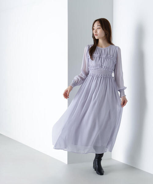 NATURAL BEAUTY BASIC(ナチュラルビューティーベーシック)の「◇フリルシャーリング楊柳ワンピース(ワンピース・レディース・ラベンダー/ブラウン・MEDIUM/P/S)」の2枚目の写真