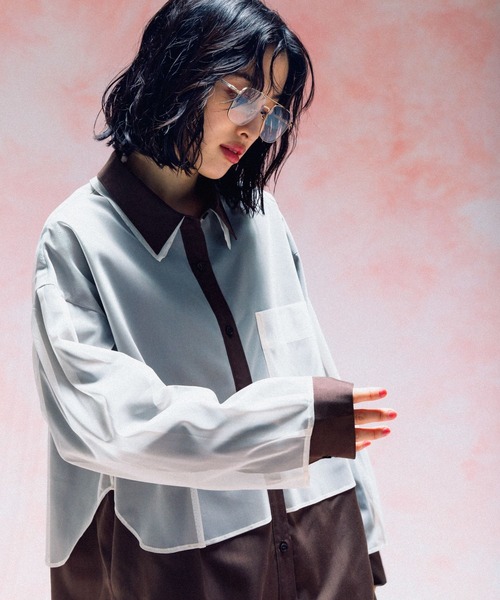 LEPSIM（レプシィム）の「チュール重ねシャツチュニック　571315（シャツ/ブラウス・レディース・ブルー/チャコールグレー/イエロー/ブラウン/ピンク・FREE）」の9枚目の写真