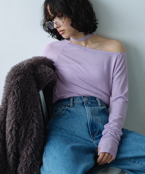 CODE A（コードエー）の「off－shoulder jersey top（Tシャツ/カットソー・レディース・ブラック/パープル/ナチュラル・00）」の9枚目の写真