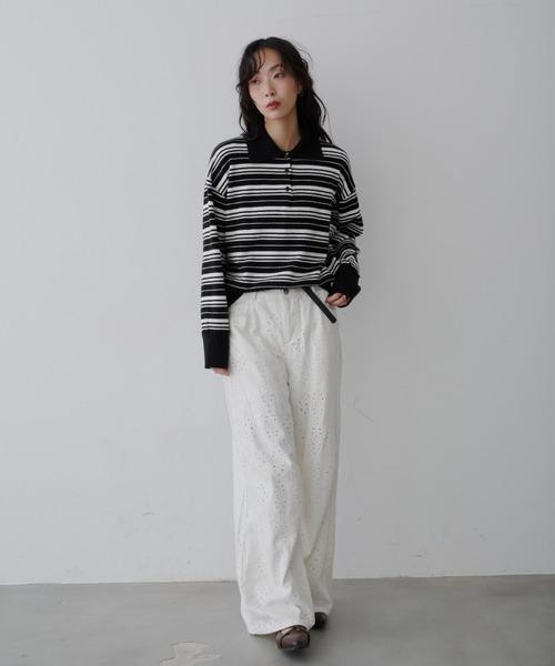 NUJOH(ヌゾ)の「Border Polo T-Shirt / ボーダー ポロTシャツ(Tシャツ/カットソー・レディース・ブラック・FREE)」の13枚目の写真