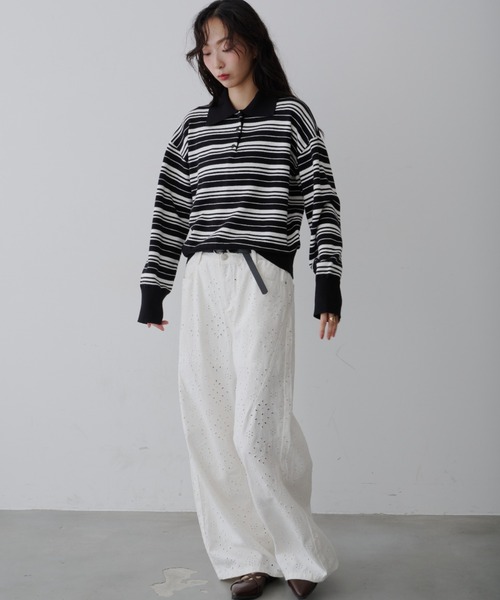 NUJOH(ヌゾ)の「Border Polo T-Shirt / ボーダー ポロTシャツ(Tシャツ/カットソー・レディース・ブラック・FREE)」の14枚目の写真