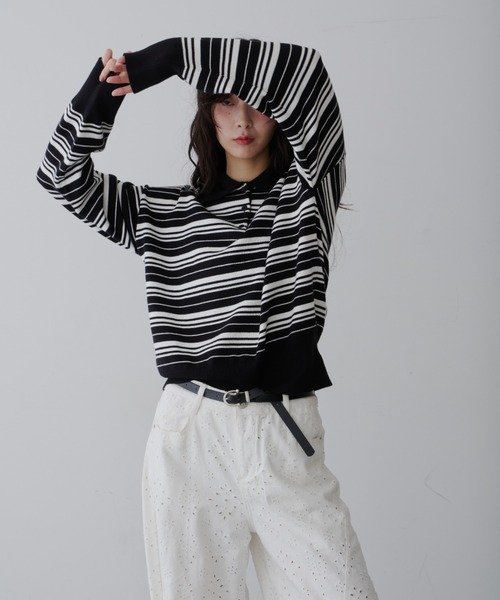 NUJOH(ヌゾ)の「Border Polo T-Shirt / ボーダー ポロTシャツ(Tシャツ/カットソー・レディース・ブラック・FREE)」の4枚目の写真