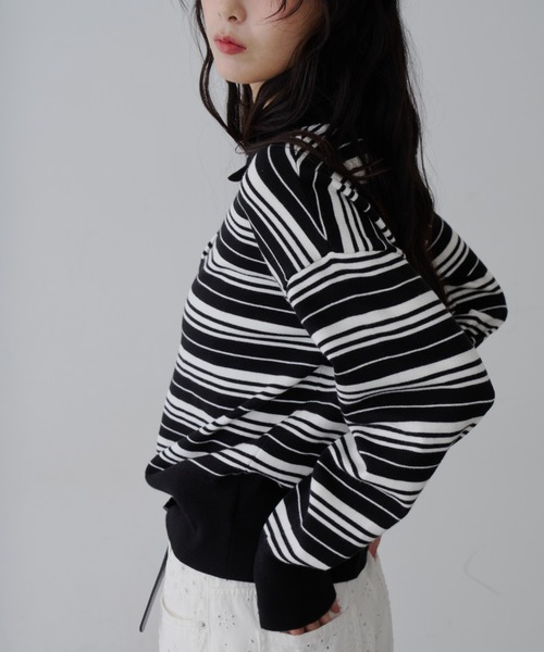 NUJOH(ヌゾ)の「Border Polo T-Shirt / ボーダー ポロTシャツ(Tシャツ/カットソー・レディース・ブラック・FREE)」の5枚目の写真