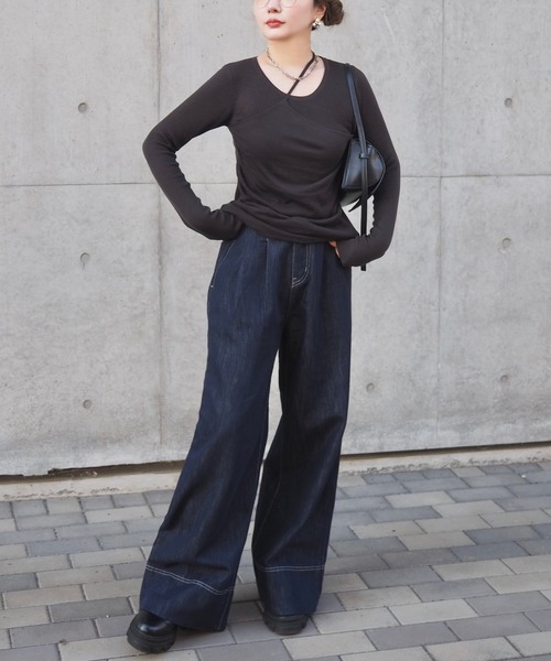 LAULEN(ローレン)の「asymmetry docking knit /アシンメトリーレイヤードデザインニットトップス(ニット/セーター・レディース・ブラック/チャコールグレー/ブラウン/アイボリー・FREE)」の12枚目の写真