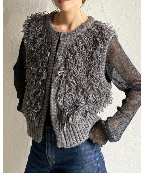 She's Closet(シーズクローゼット)の「ショート丈ループ編みフリンジニットベスト(ベスト・レディース・ブラウン/チャコールグレー/アイボリー/ブラック・FREE)」の7枚目の写真