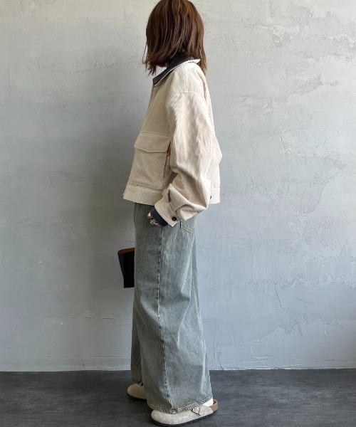 UNIVERSAL OVERALL（ユニバーサルオーバーオール）の「[UNIVERSAL OVERALL/ユニバーサルオーバーオール] 別注 ショート丈ワークジャケット（カバーオール・レディース・グレイッシュベージュ/ワンウォッシュ/インディゴブルー/ブラウン・F）」の6枚目の写真