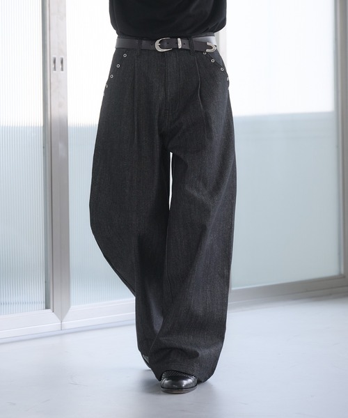 Adoon plain（アドーンプレーン）の「Eyelet One-Tuck Rigid Wide Denim Pants / ハトメ1タックリジットワイドデニム（デニムパンツ・メンズ・ブラック/インディゴブルー・LARGE/SMALL/MEDIUM）」の14枚目の写真