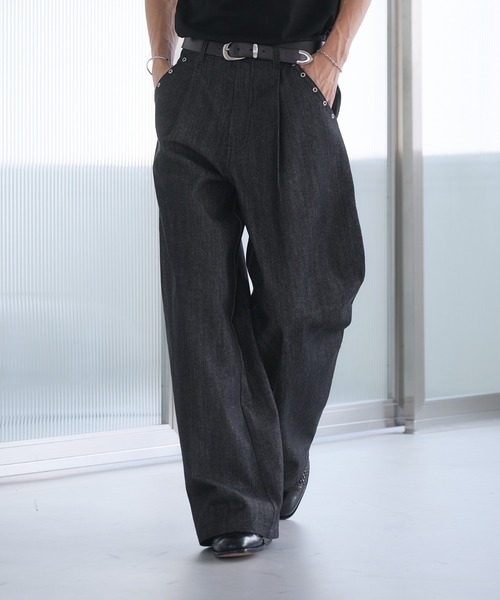 Adoon plain（アドーンプレーン）の「Eyelet One-Tuck Rigid Wide Denim Pants / ハトメ1タックリジットワイドデニム（デニムパンツ・メンズ・ブラック/インディゴブルー・LARGE/SMALL/MEDIUM）」の16枚目の写真