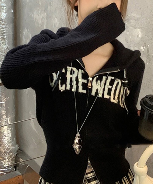 LYEON(リヨン)の「ストーン付きロゴニットZIPパーカー(パーカー・レディース・グレー/ブラック・FREE)」の3枚目の写真