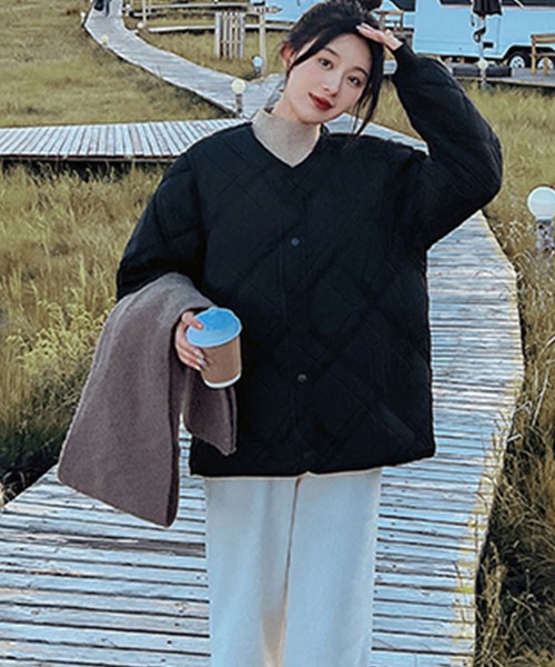 LAFFMO（ラフモ）の「ノーカラーミドル丈キルティングジャケット（ダウンジャケット/コート・レディース・ブラウン/ホワイト/ブラック・L/M/S）」の13枚目の写真