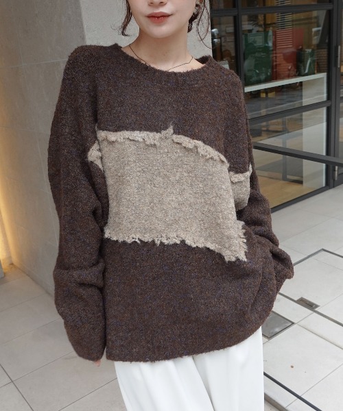 CORNERS（コーナーズ）の「フリンジ配色ふわふわニット（ニット/セーター・レディース・チャコールグレー/ベージュ/ブラウン/ミント・FREE）」の3枚目の写真