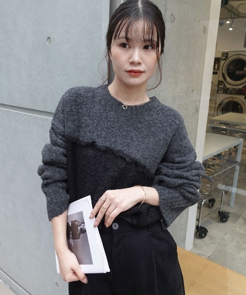 CORNERS（コーナーズ）の「フリンジ配色ふわふわニット（ニット/セーター・レディース・チャコールグレー/ベージュ/ブラウン/ミント・FREE）」の2枚目の写真