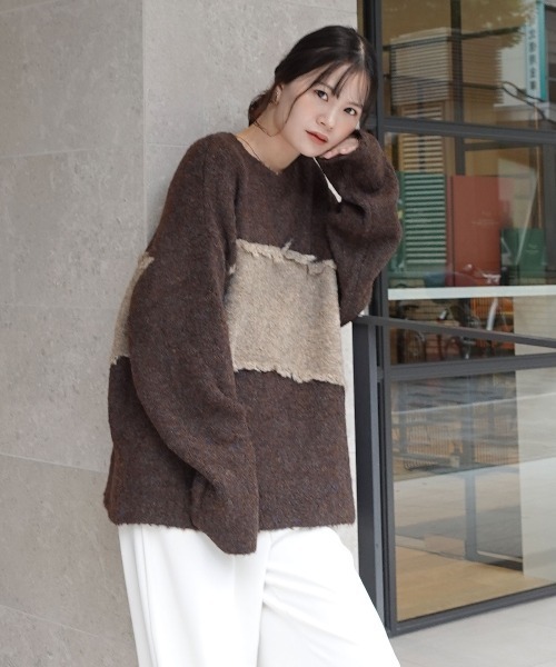 CORNERS（コーナーズ）の「フリンジ配色ふわふわニット（ニット/セーター・レディース・チャコールグレー/ベージュ/ブラウン/ミント・FREE）」の7枚目の写真