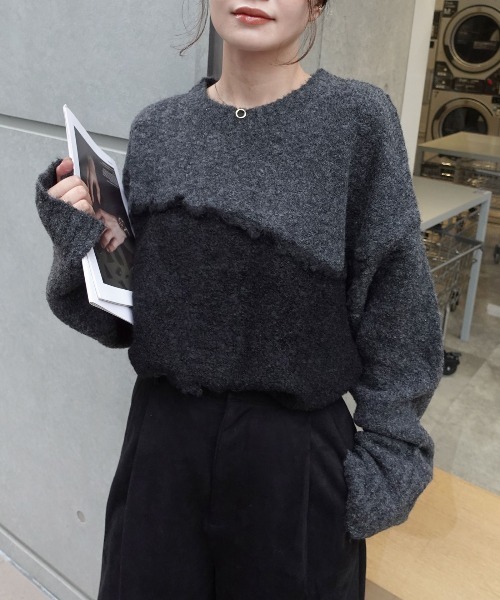 CORNERS（コーナーズ）の「フリンジ配色ふわふわニット（ニット/セーター・レディース・チャコールグレー/ベージュ/ブラウン/ミント・FREE）」の10枚目の写真