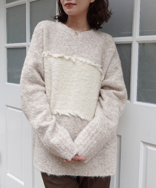 CORNERS（コーナーズ）の「フリンジ配色ふわふわニット（ニット/セーター・レディース・チャコールグレー/ベージュ/ブラウン/ミント・FREE）」の6枚目の写真