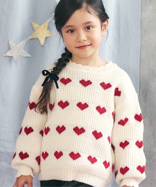 セール】【ジュニア対応】ハート・フラワー・ネコモチーフニット