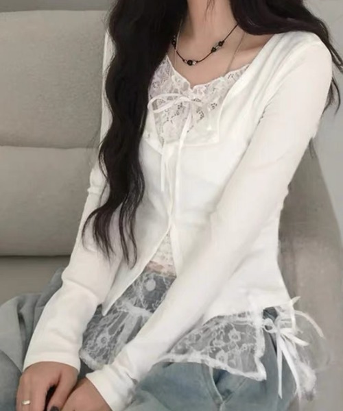 ViViDAY(ビビデー)の「襟リボンレイヤード風レース長袖カットソー(Tシャツ/カットソー・レディース・ダークグレー/ホワイト/ブラック・M)」の2枚目の写真