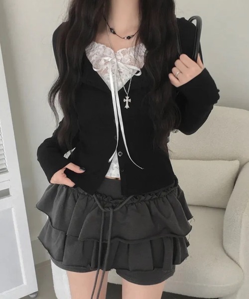 ViViDAY(ビビデー)の「襟リボンレイヤード風レース長袖カットソー(Tシャツ/カットソー・レディース・ダークグレー/ホワイト/ブラック・M)」の3枚目の写真