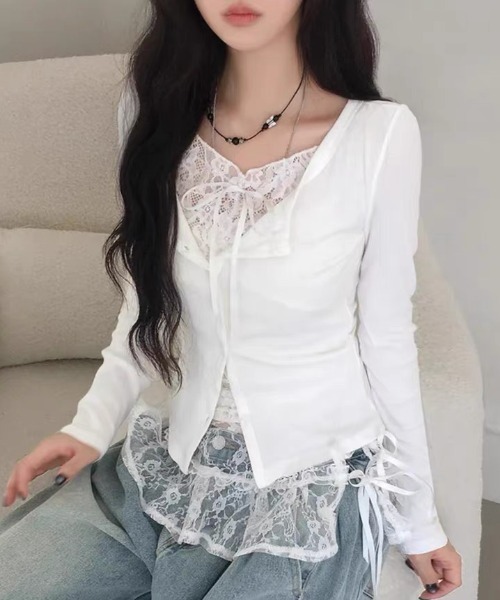 ViViDAY(ビビデー)の「襟リボンレイヤード風レース長袖カットソー(Tシャツ/カットソー・レディース・ダークグレー/ホワイト/ブラック・M)」の10枚目の写真