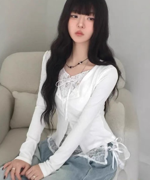 ViViDAY(ビビデー)の「襟リボンレイヤード風レース長袖カットソー(Tシャツ/カットソー・レディース・ダークグレー/ホワイト/ブラック・M)」の11枚目の写真