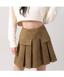 POCKET MINI SUEDE PLEATS SKIRT BROWN