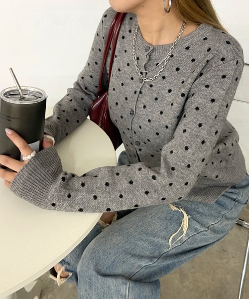 non-hedge(ノンヘッジ)の「ドット柄ショート丈ニットカーディガン(カーディガン/ボレロ・レディース・グレー/ブラック・FREE)」の2枚目の写真