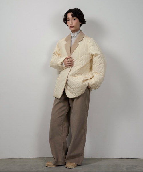 lawgy（ラウジー）の「stripe quilting dual texture jacket coat / ストライプキルティングデュアルテクスチャージャケットコート（その他アウター・レディース・アイボリー/ブラック・FREE）」の6枚目の写真