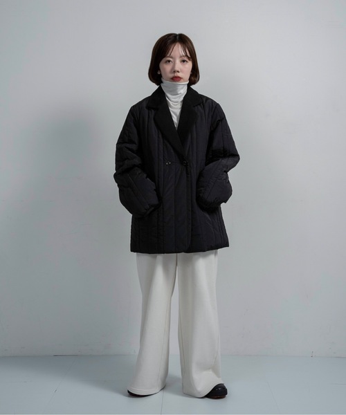 lawgy（ラウジー）の「stripe quilting dual texture jacket coat / ストライプキルティングデュアルテクスチャージャケットコート（その他アウター・レディース・アイボリー/ブラック・FREE）」の10枚目の写真