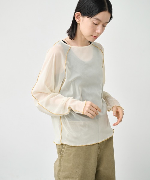 kha:ki（カーキ）の「「KHA:KI / カーキ」カラーステッチ シアートップ（Tシャツ/カットソー・レディース・ライトイエロー/オリーブ/インディゴブルー・1）」の3枚目の写真