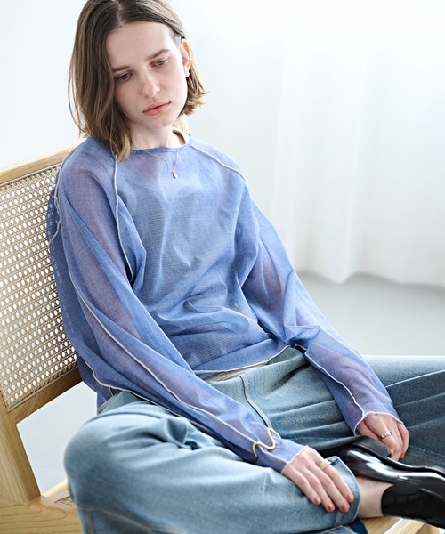 kha:ki（カーキ）の「「KHA:KI / カーキ」カラーステッチ シアートップ（Tシャツ/カットソー・レディース・ライトイエロー/オリーブ/インディゴブルー・1）」の10枚目の写真