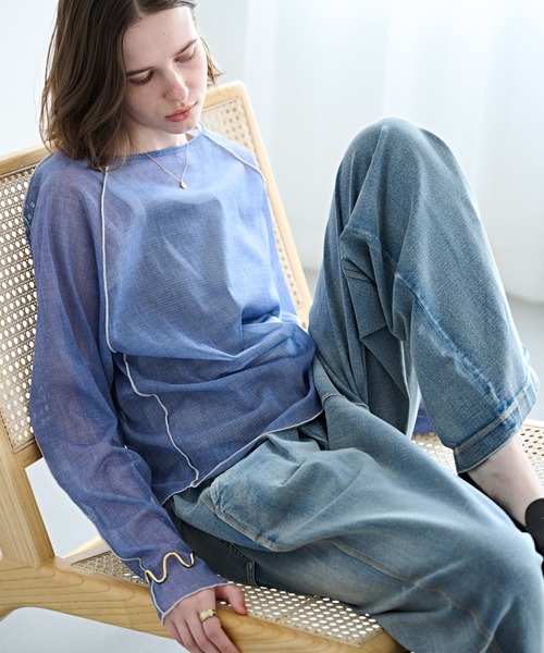 kha:ki（カーキ）の「「KHA:KI / カーキ」カラーステッチ シアートップ（Tシャツ/カットソー・レディース・ライトイエロー/オリーブ/インディゴブルー・1）」の11枚目の写真