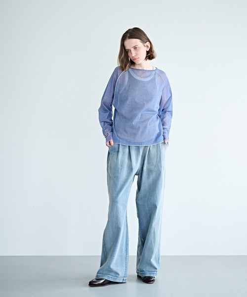 kha:ki（カーキ）の「「KHA:KI / カーキ」カラーステッチ シアートップ（Tシャツ/カットソー・レディース・ライトイエロー/オリーブ/インディゴブルー・1）」の14枚目の写真