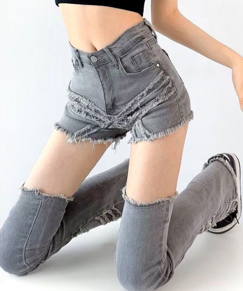 セール】【CANVAS＋】レッグウォーマー付きクロスダメージデニム