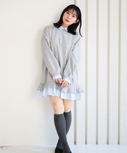 Ruwan yu（ルワンユー）の「シャツレイヤードダンボールスウェットミニワンピース【大きいサイズ対応】（ワンピース・レディース・杢グレー・L/LL/3L/4L）」の4枚目の写真