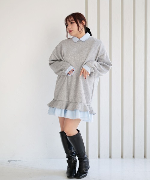 Ruwan yu（ルワンユー）の「シャツレイヤードダンボールスウェットミニワンピース【大きいサイズ対応】（ワンピース・レディース・杢グレー・L/LL/3L/4L）」の8枚目の写真