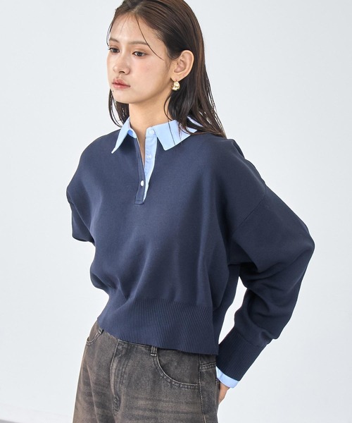 ANAP(アナップ)の「シャツ襟 ドッキング クロップド ニット(ニット/セーター・レディース・ダークグレー/ネイビー/ベージュ・F)」の3枚目の写真