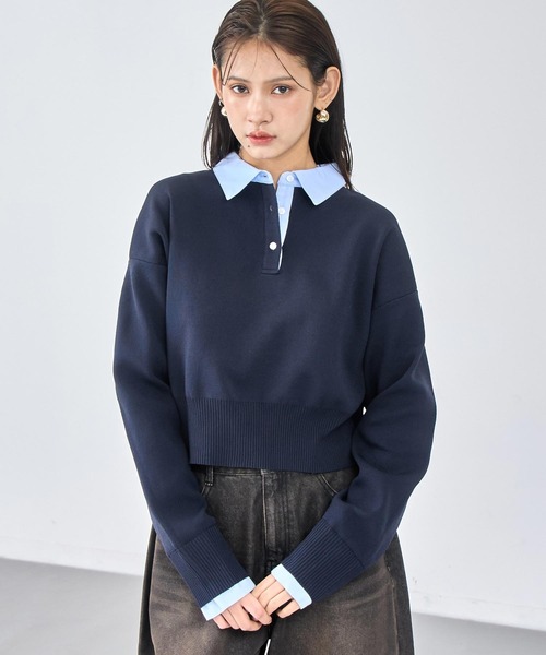 ANAP(アナップ)の「シャツ襟 ドッキング クロップド ニット(ニット/セーター・レディース・ダークグレー/ネイビー/ベージュ・F)」の4枚目の写真