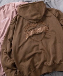 THRASHER（スラッシャー）の「【70】【THRASHER スラッシャー】ピグメント加工 ダメージデニムロゴ  裏毛 ジップパーカー ハートデザイン ダブルジップ ショート丈有り（パーカー）」