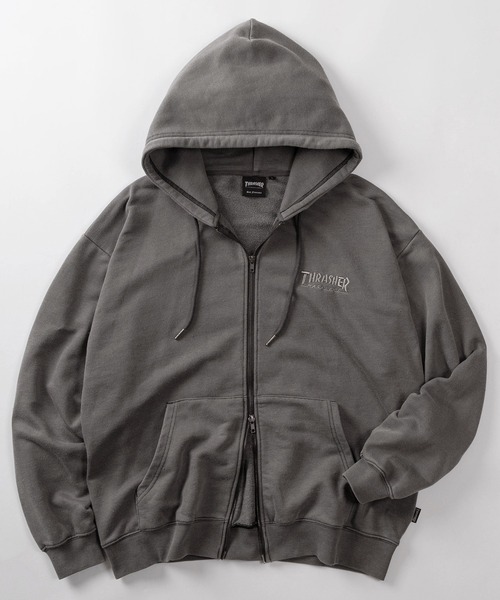 THRASHER(スラッシャー)の「【70】【THRASHER/スラッシャー】ピグメント加工 ダメージデニムロゴ 裏毛 ジップパーカー/ハートデザイン/ダブルジップ/ショート丈有り(パーカー・レディース・ブラウン/チャコールグレー/グレー/ピンク・FREE/M/L/XL)」の8枚目の写真