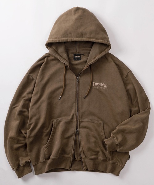 THRASHER(スラッシャー)の「【70】【THRASHER/スラッシャー】ピグメント加工 ダメージデニムロゴ 裏毛 ジップパーカー/ハートデザイン/ダブルジップ/ショート丈有り(パーカー・レディース・ブラウン/チャコールグレー/グレー/ピンク・FREE/M/L/XL)」の5枚目の写真