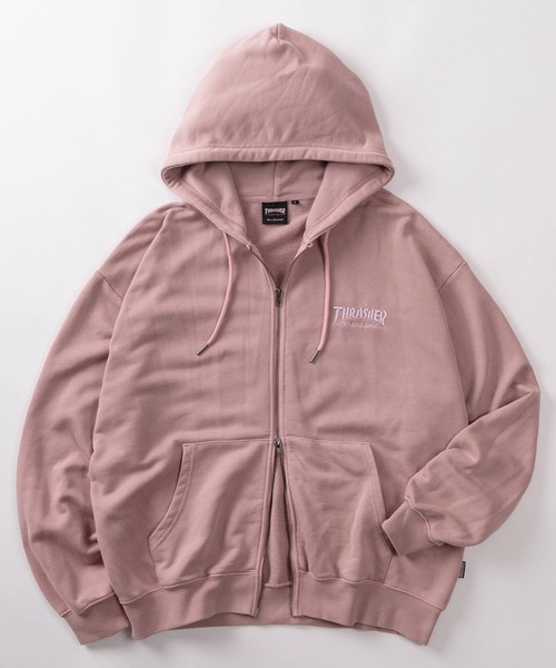 THRASHER(スラッシャー)の「【70】【THRASHER/スラッシャー】ピグメント加工 ダメージデニムロゴ 裏毛 ジップパーカー/ハートデザイン/ダブルジップ/ショート丈有り(パーカー・レディース・ブラウン/チャコールグレー/グレー/ピンク・FREE/M/L/XL)」の6枚目の写真
