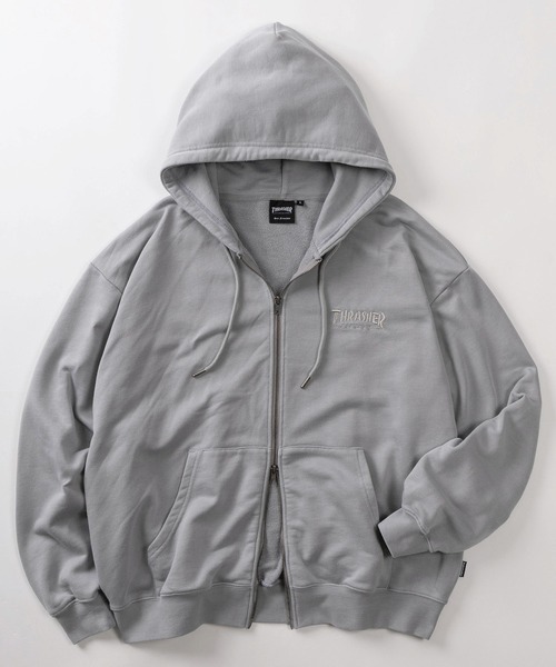 THRASHER(スラッシャー)の「【70】【THRASHER/スラッシャー】ピグメント加工 ダメージデニムロゴ 裏毛 ジップパーカー/ハートデザイン/ダブルジップ/ショート丈有り(パーカー・レディース・ブラウン/チャコールグレー/グレー/ピンク・FREE/M/L/XL)」の7枚目の写真