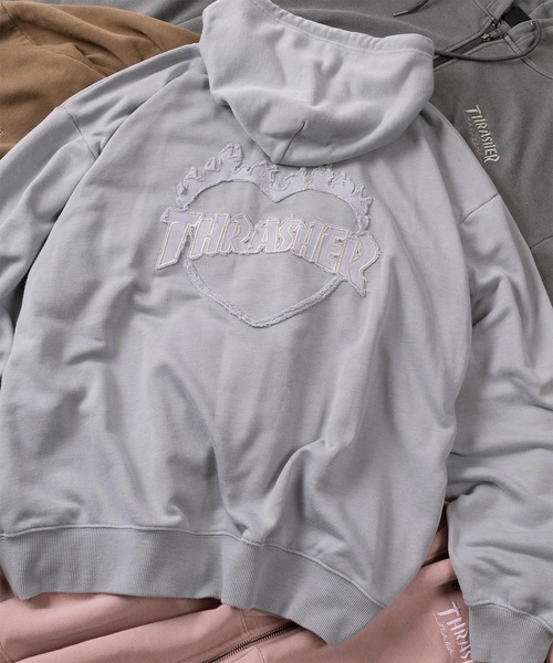 THRASHER(スラッシャー)の「【70】【THRASHER/スラッシャー】ピグメント加工 ダメージデニムロゴ 裏毛 ジップパーカー/ハートデザイン/ダブルジップ/ショート丈有り(パーカー・レディース・ブラウン/チャコールグレー/グレー/ピンク・FREE/M/L/XL)」の22枚目の写真