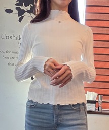 メロー使い ワイドリブ ハイネック トップス