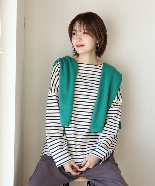 Arinomama(アリノママ)の「Arinomama ダブルカフスボーダーロンT(Tシャツ/カットソー・レディース・ピンク系その他/ホワイト×ブラウン/ホワイト×ネイビー/ブラック×グレー・FREE)」の2枚目の写真