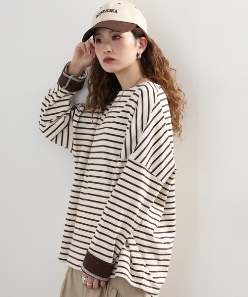 Arinomama(アリノママ)の「Arinomama ダブルカフスボーダーロンT(Tシャツ/カットソー・レディース・ピンク系その他/ホワイト×ブラウン/ホワイト×ネイビー/ブラック×グレー・FREE)」の9枚目の写真