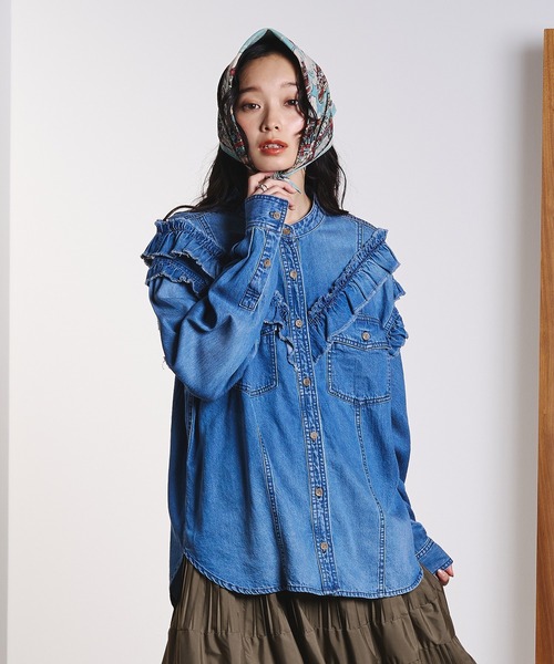 ROSE BUD（ローズバッド）の「FRILL DENIM SHIRTS（シャツ/ブラウス・レディース・ブラック/インディゴブルー・ONE SIZE）」の13枚目の写真