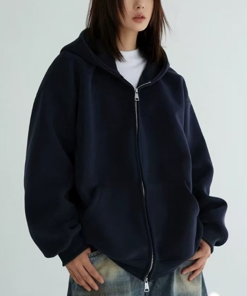 Beststore（ベストストア）の「フード付き ダブルジップ パーカー（パーカー・レディース・ネイビー/オフホワイト/ライトグレー/ブラック/アイボリー・L/M）」の5枚目の写真