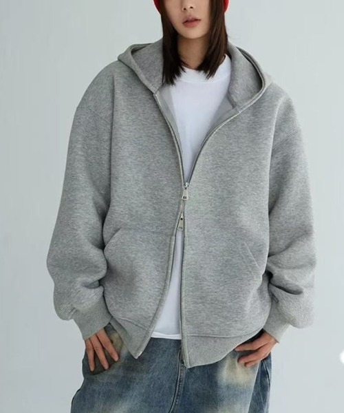 Beststore（ベストストア）の「フード付き ダブルジップ パーカー（パーカー・レディース・ネイビー/オフホワイト/ライトグレー/ブラック/アイボリー・L/M）」の4枚目の写真