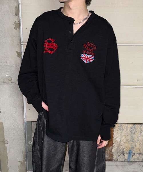 sedacle(セダクル)の「ラメ刺繍ユニオンヘンリースラブロンT(Tシャツ/カットソー・メンズ・ブラック/オフホワイト・SMALL/MEDIUM/LARGE)」の1枚目の写真